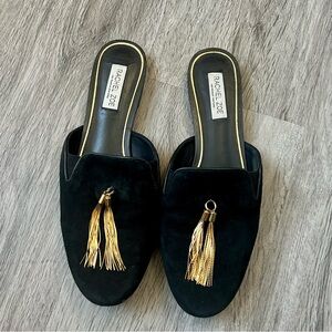 Rachel Zoe Black Mules with Gold Tassels Size 8.5